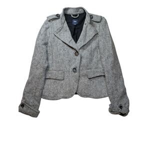 GAP Gray Tweed Juniors Sz L Blazer Jacket Pink Contrast Stitch 4 Big Button